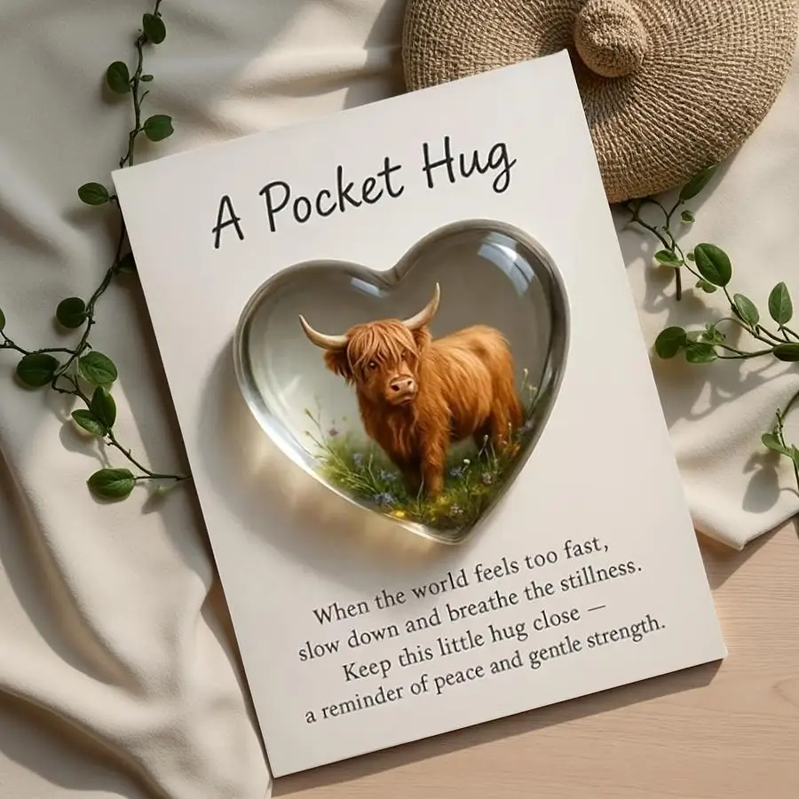 1/5/10/20/50/100pcs A Heart Pocket Hug Greeting Card, Heart-Shaped Highland Cow Statue and Emotional Inspirational Greeting Card