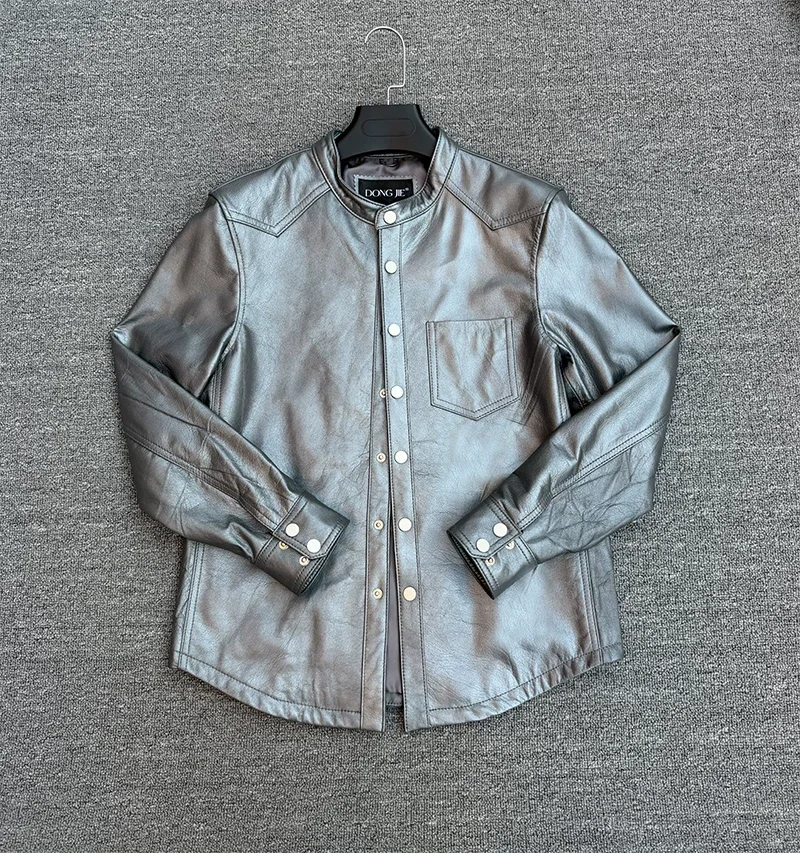 Soft and delicate first layer small tire cowhide leather leather men's shirt stand collar pure leather shirt coat leather jacket
