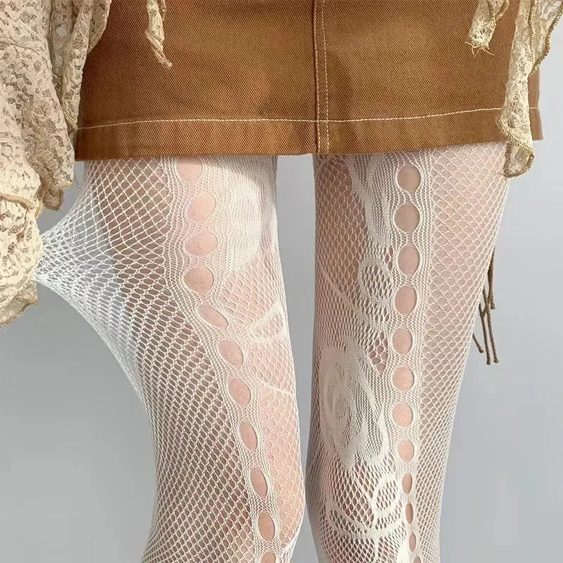 Y2K Floral  Jacquard Sexy Stockings Women Gothic Punk Black Fishnet Pantyhose Harajuku Lolita Irregular Rose Holes Mesh Tights