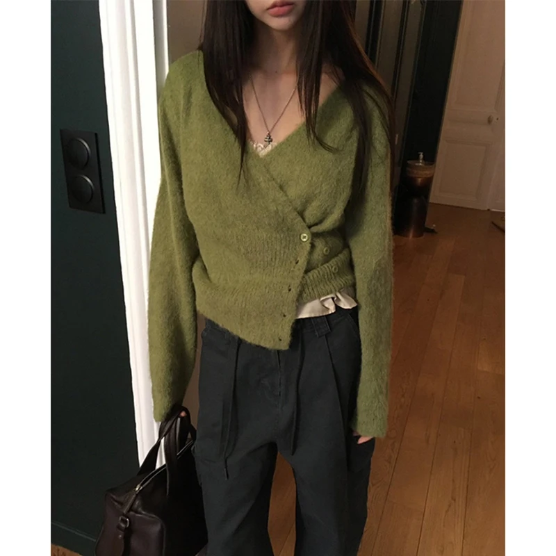 เสื้อไหมพรมแขนยาวทรงครอป คอวี แฟชั่นเกาหลี สไตล์สตรีทแวร์ สำหรับฤดูหนาว