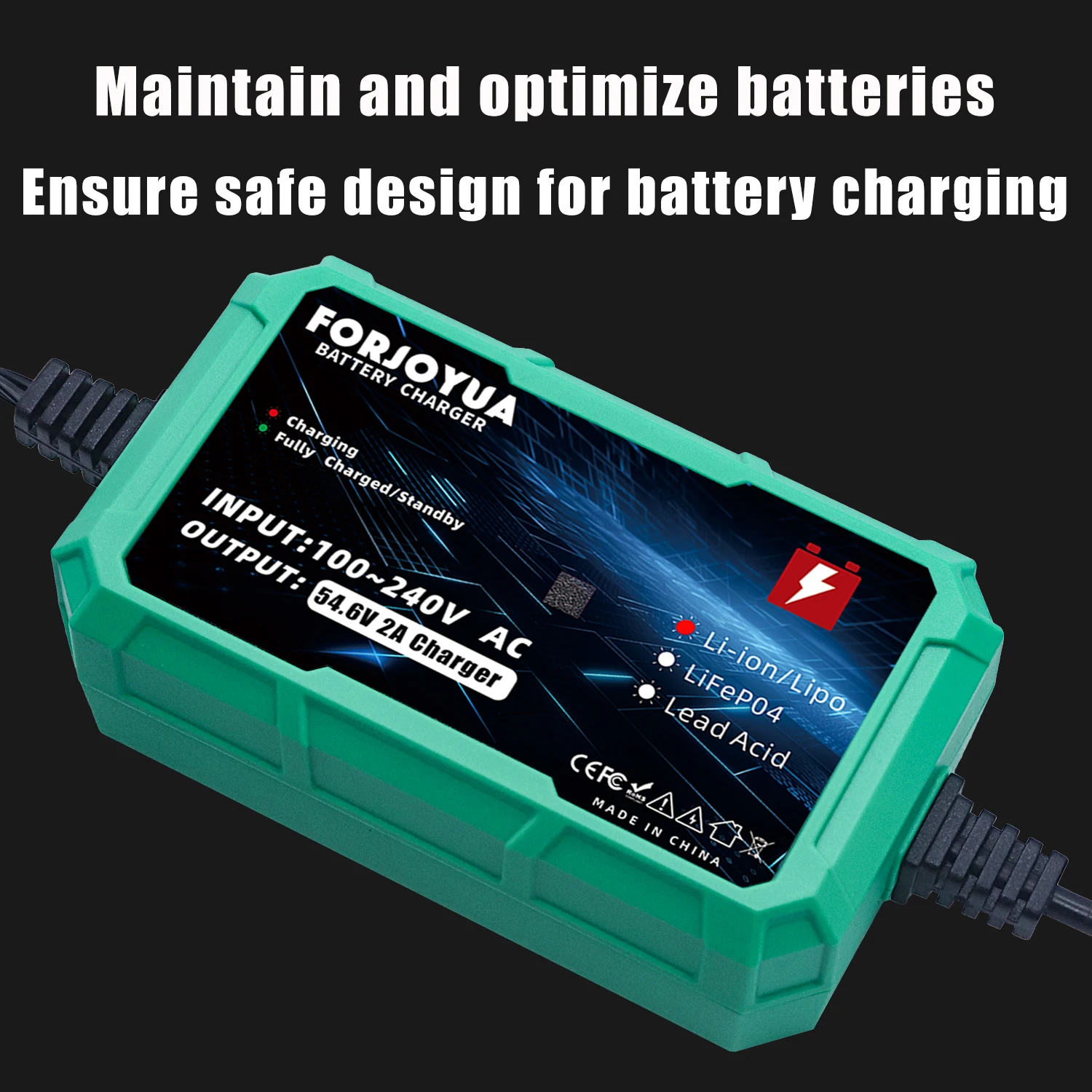 QDD 54.6V 2A Charger for 48v Li-ion Battery Suitable for 13S 48V Lithium Battery Pack with DC 5.5*2.1 Connector