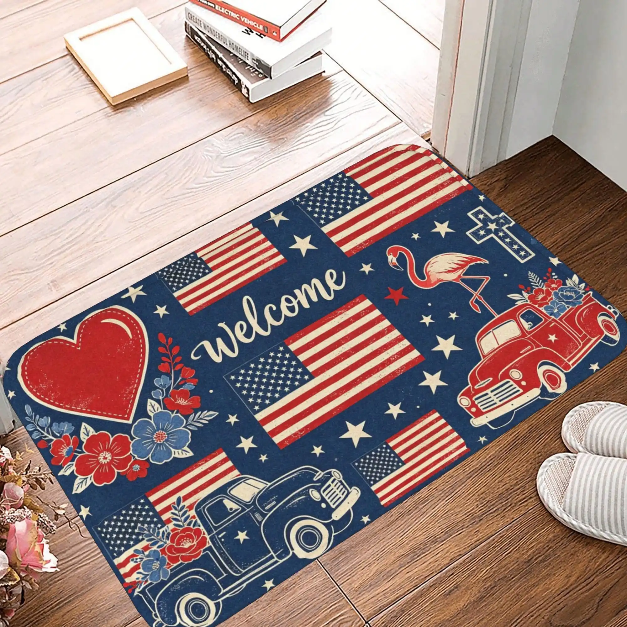 1PC 2D Flat Vintage Patriotic Welcome FLora Blue Soft Thick Flannel Area Rug, Cozy Plush Anti-Slip Floor Carpet, Washable Foldable Wear Resistant Flannel Floor