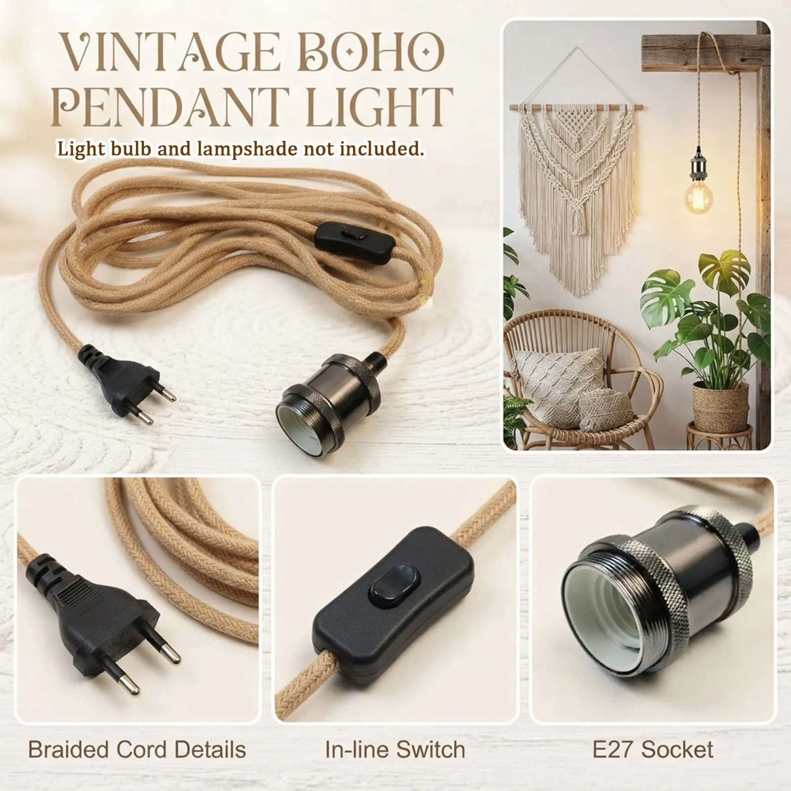 Pendant Light Cord Kit, Jute Braided Cable, Rose Gold Silver Socket, Inline Switch, EU Plug