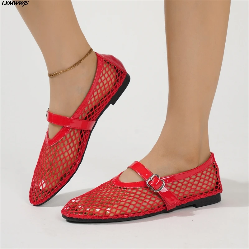 Women Ballet Flat Shoes Mesh Hollowed Out Sandals Summer Breathable Mary Jane Ladies Casual Fashion Buckle Big Size Single Shoes