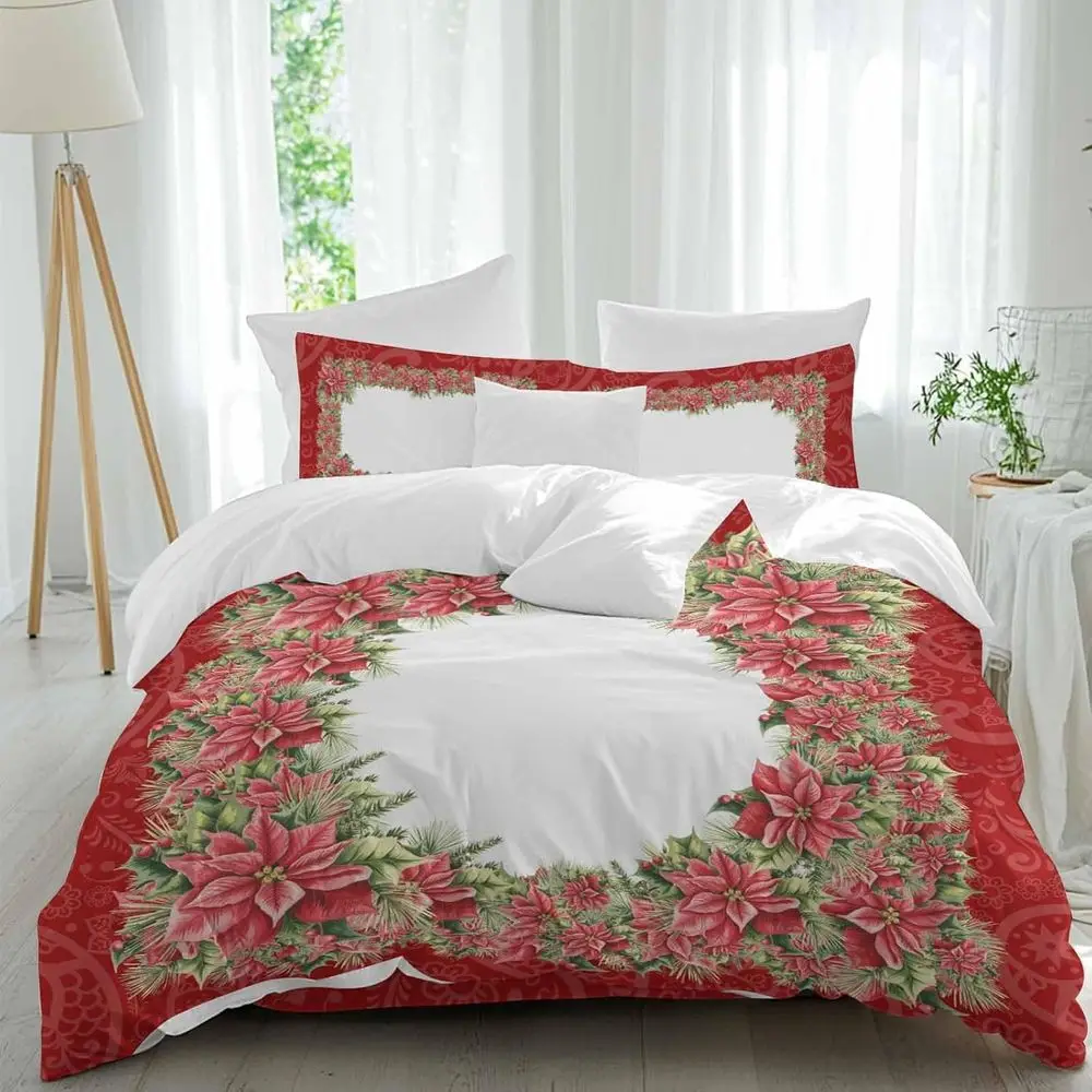 

Chrisas Poinsettia Sheet Set, Vintage Red loral Holly Berry Greenery Red 4 Pieces Breathable Sot Duvet Cover Set Bedding Cozy Be