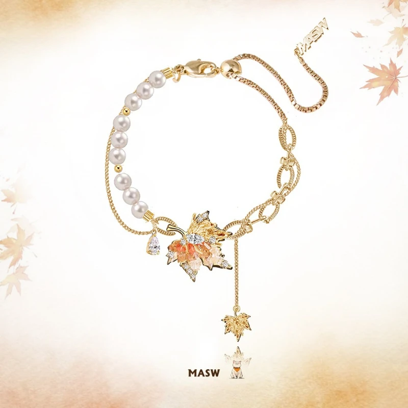 MASW Original Design Temperament Maple Leaf  Simulated Pearl Bracelet For Women Girl Fine Accessories Fashion Jewelry