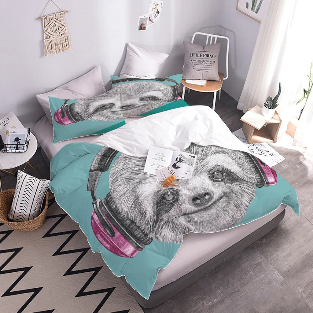 HUANZHUANG Bedding Set Grey Animal Earphone Duvet Cover Boys Girls Bedroom Gorgeous 3 Pieces Bedding King/Queen With 2 Pillow Sh