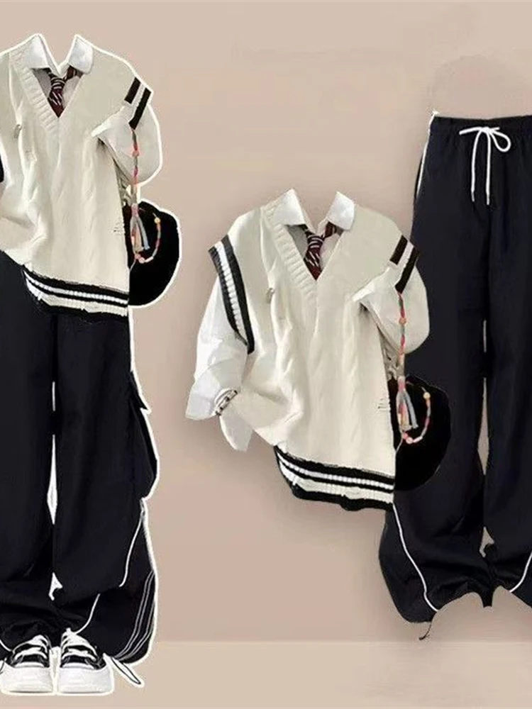 

Весенне-осенний женский корейский студенческий комплект 2025: жилет, рубашка с завязками, черные рабочие брюки — комплект из четырех предметов