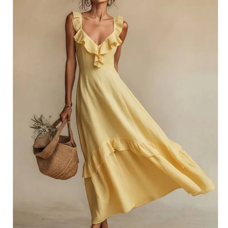 Boho Damen Sommerkleid, elegant, mit Rüschen, fliegenden Ärmeln, Baumwolle, Leinen, Strandkleid, lässig, tiefer V-Ausschnitt, modisches Midikleid für Damen