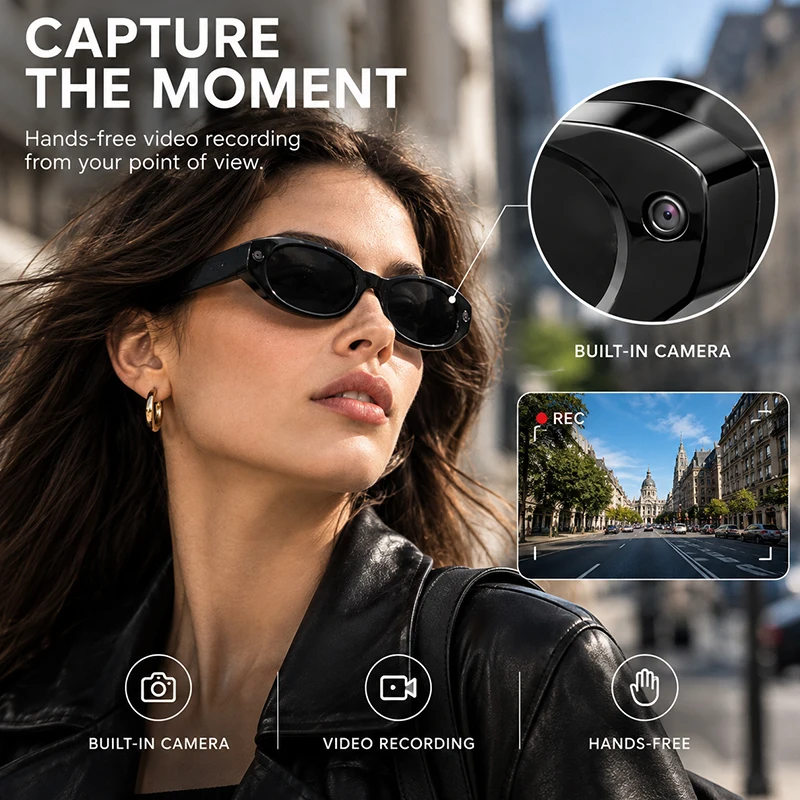 AI Smart Oval Glasses With Camera Voice Assistant Sunglasses Women Video Recording Charging Case Eyeglasses Interaction Shades