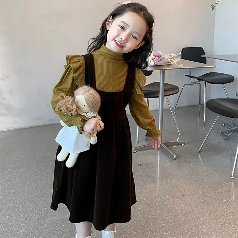 

Autumn Winter Fashion Sweet Girls Two Piece Set Kawaii Long Sleeve T-shirts and Suspender Skirt Suit Solid Cute Children's Dress