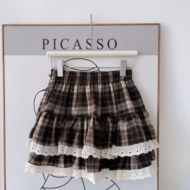 

Ретро-юбка с кружевной отделкой и плиссировкой, женская, с высокой талией, пышная, короткая, милая и стильная, в корейском стиле, для повседневной носки, многоярусная юбка-кейк