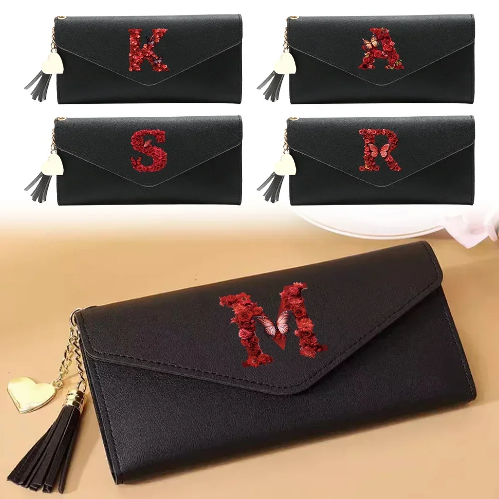 

Wallet Women Rfid Blocking Fashion Compact Bifold Luxury Leather Pocket Wallet Ladies Purse with ID Window Red Rose Pattern