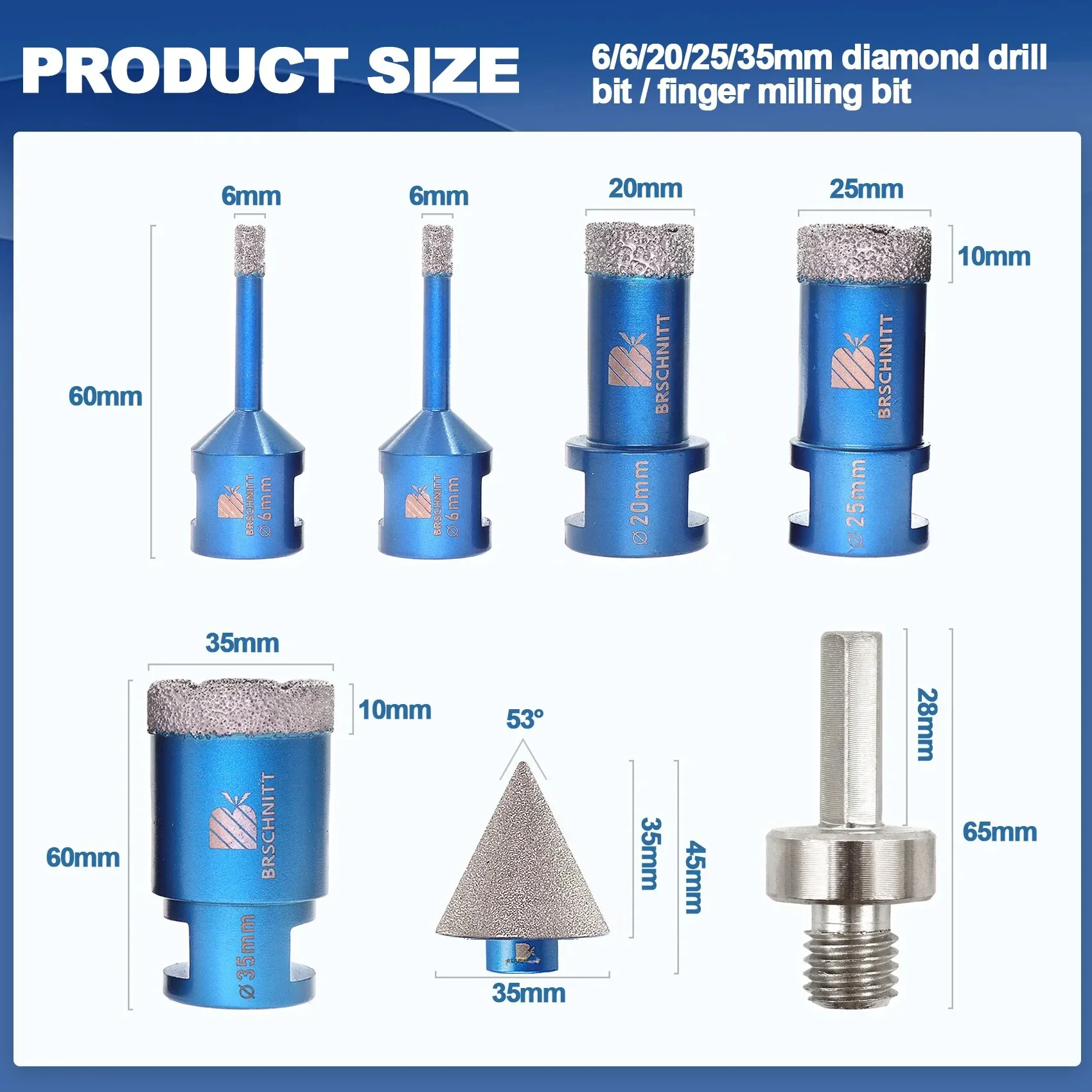 BRSCHNITT 7pcs Dia 6-35mm Diamond Drilling Bits Kit Tile Cutter for Ceramic Marble Granite M14 Thread Adapte 35mm Chamfer Bit