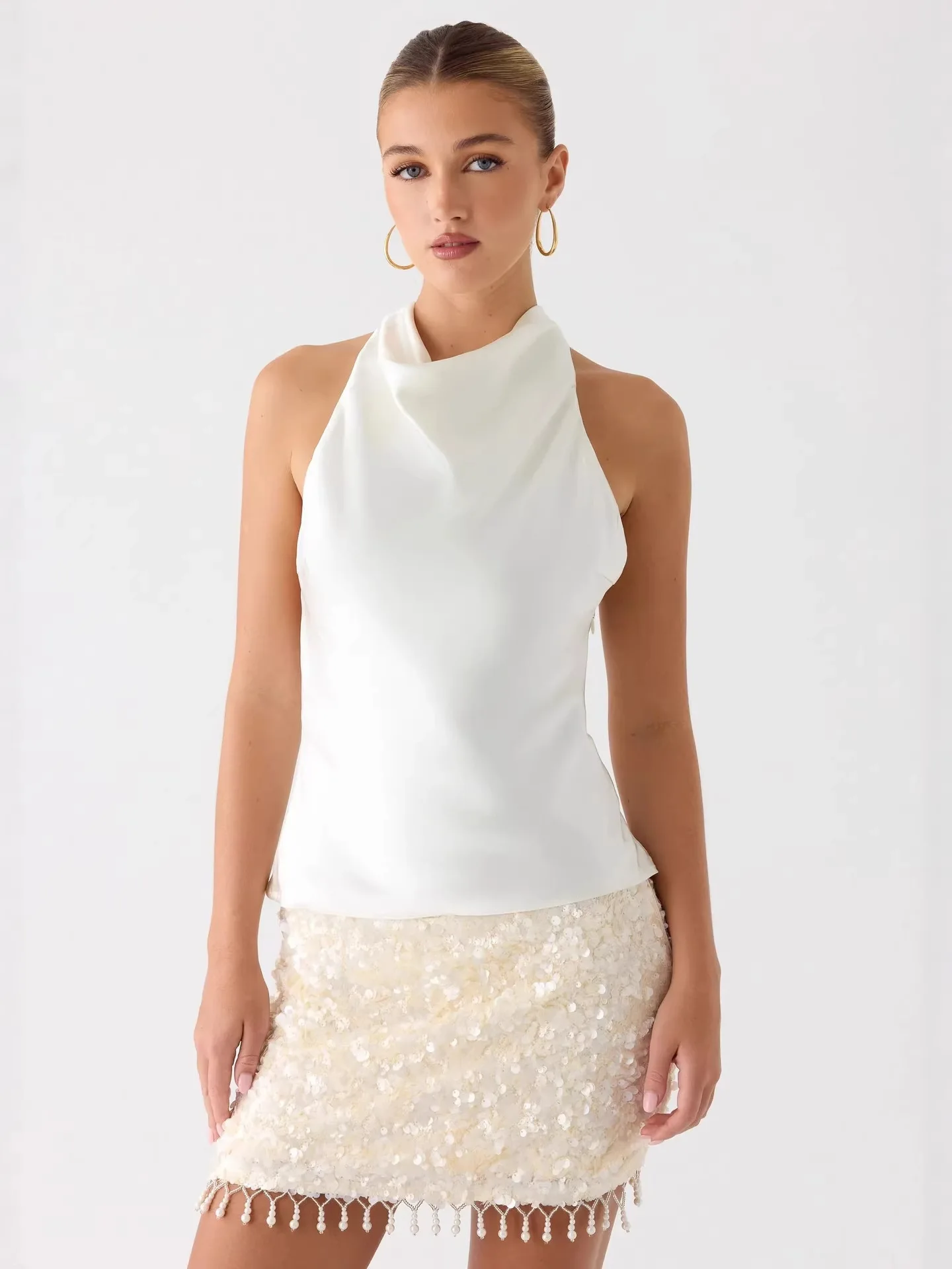 White Off-Shoulder Sleeveless Women's Top Pink Fringed Slim-Fit Vest Sexy Trendy Chinese Style Blouse for Women