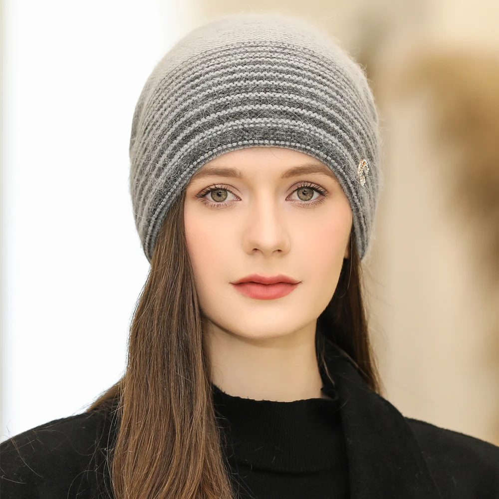 New Women Winter Hat Rabbit Fur Blend Warm Beanie Hat For Female Casual Streetwear Knitted Hat