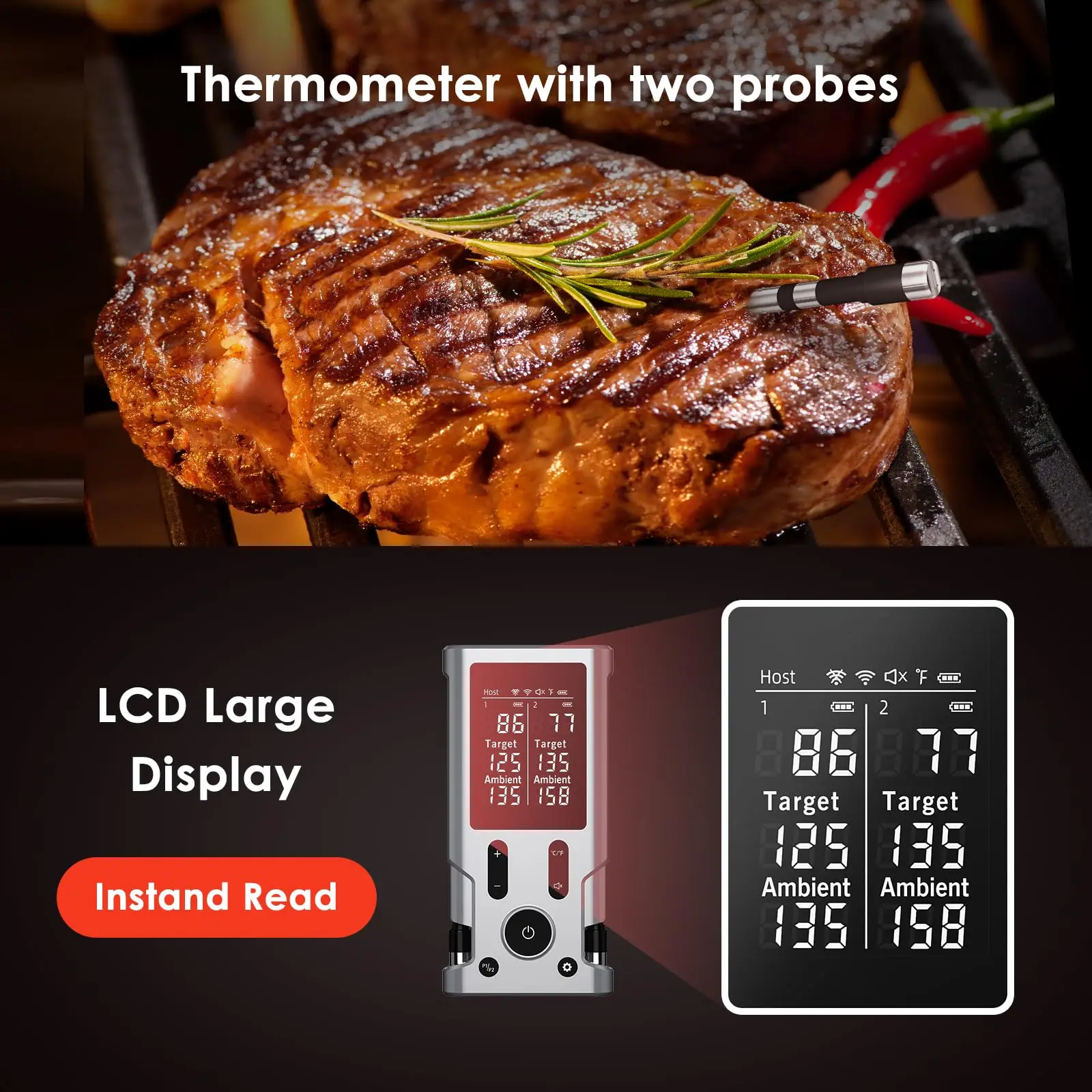 Wireless Bluetooth Meat Thermometer Digital Food Thermometer 2 Probe with LCD Screen for Grill, Smoker, Air Fryer, Rotisserie