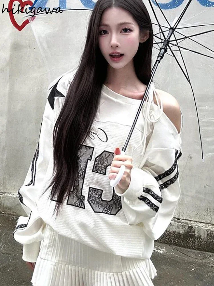 Hoodie Harajuku pakaian wanita Off Shoulder renda seksi huruf Y2k atasan 2024 Ropa Mujer perban kasual Chic kaus ukuran besar