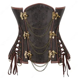 Espartilho marrom feminino steampunk couro falso underbust espartilho aço desossado bustier gótico corrente alta costura espartilho underbust