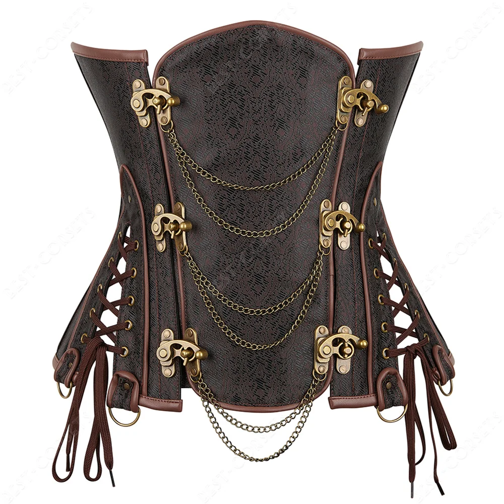 Brązowy gorset damski Steampunk Faux Leather Underbust Gorset Steel Boned Bustier Gothic Chain Couture Gorset Underbust