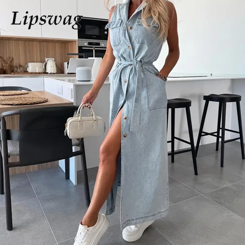 

2025 Summer Slit Denim Dress Ladies Fashion Single Breasted Shirts Dress Simple Elegant Solid Lapel Collar Commuter Long Dress