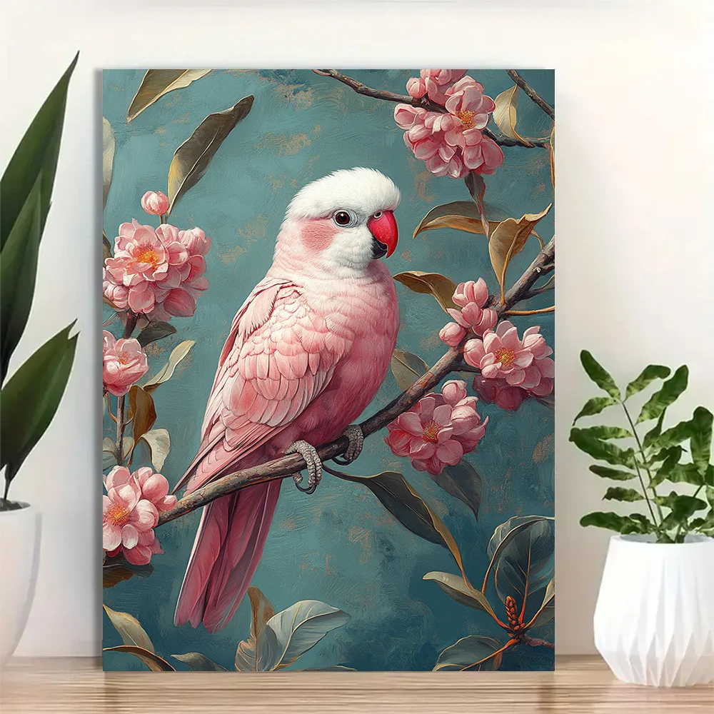 (No frame)2D Flat Galah Cockatoos / Framed 12x16 Inch Tropical Bird Wall Art / Canvas Print with Galah Parrots on Reed Branch