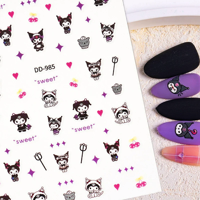 1 Sheet Sanrio Kuromi 3D Nail Art Stickers Nail Decals For Nails Embossed Kuromi Manicure Animation Design DIY Happy Accessories