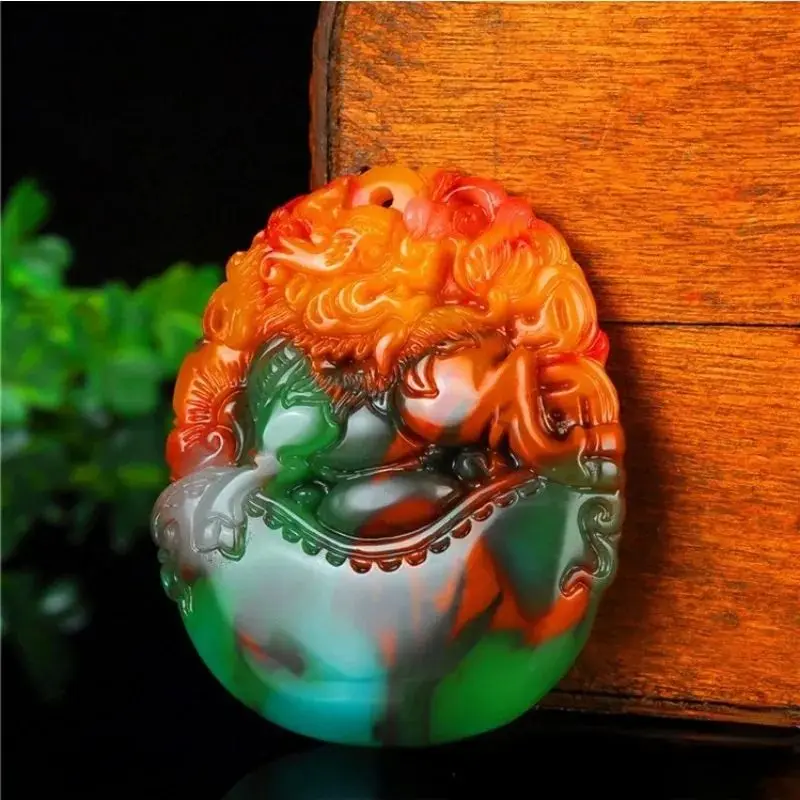 Colorful jade qilin pendant for men and women, simple style chicken blood stone floating flower Pixiu pendant