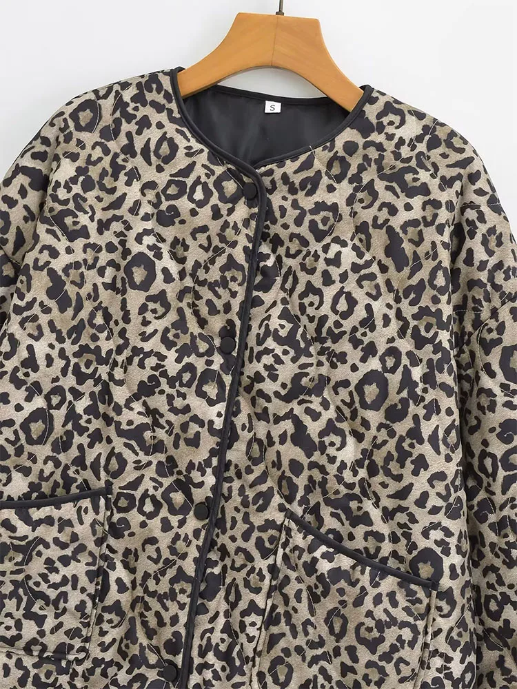 Autumn and winter new women\'s clothing light and versatile leopard print animal print round neck cotton jacket coat