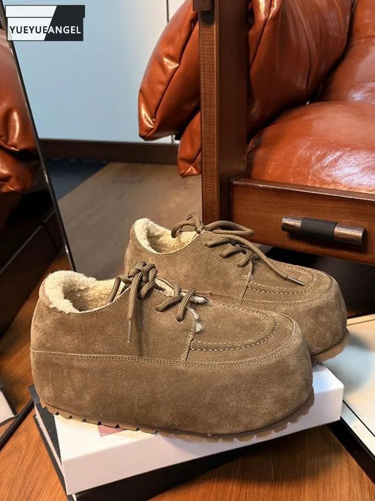 

Женские зимние замшевые туфли-лодочки из натуральной кожи в стиле ретро на шнуровке с круглым носком на толстой платформе, модные женские туфли-лодочки на каблуке