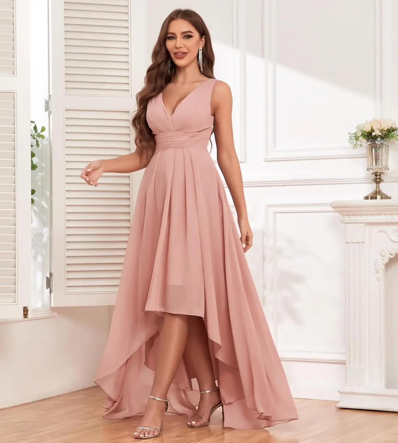 여성용 웨딩 브라이드메이드 드레스, A라인 하이로우 디자인, V넥 쉬폰 주름 장식 이브닝 정장 드레스, 포켓 포함 파티 드레스