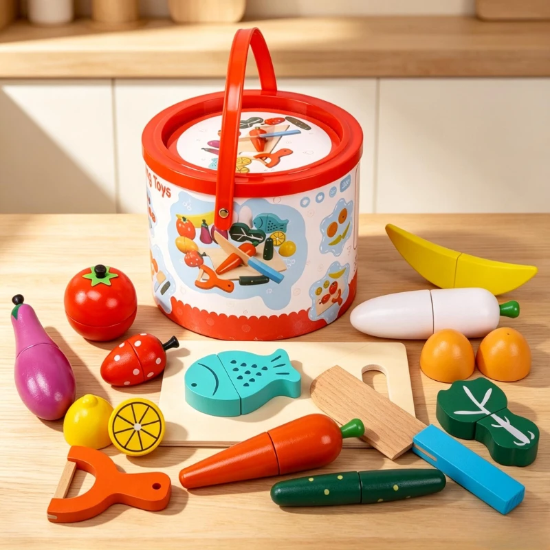 Kids Outdoor Kitchen Set - Wooden Fruit Vegetable Cutting Playset Magnetic