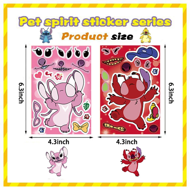 Disney-Stitch Cartoon Puzzle Adesivos para crianças, DIY Anime Jigsaw, Engraçado montar brinquedos, crianças fofas, fazer um rosto, meninos e meninas, 8 folhas