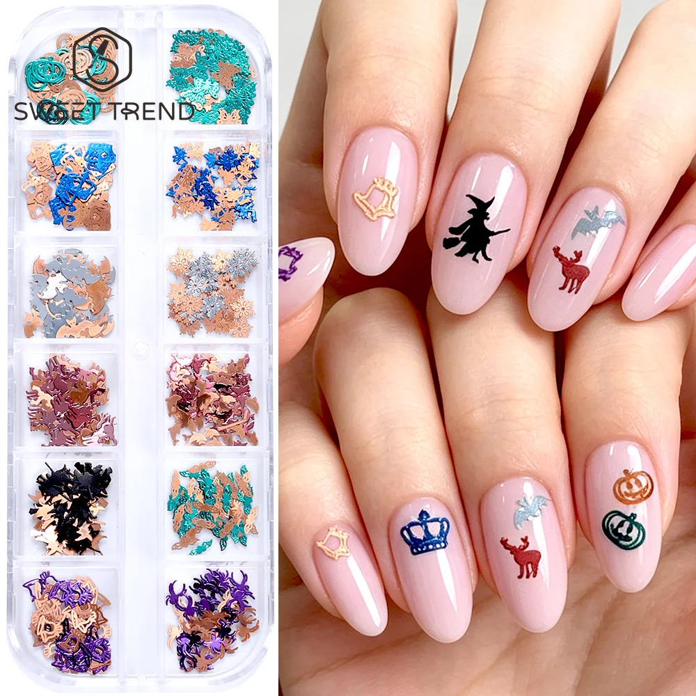 SWEET TREND-12 Grid Mix Halloween Pumpkin Nail Charms Hollow-Out Christmas Snowflakes Nail Art Decoration Manicure Accessories