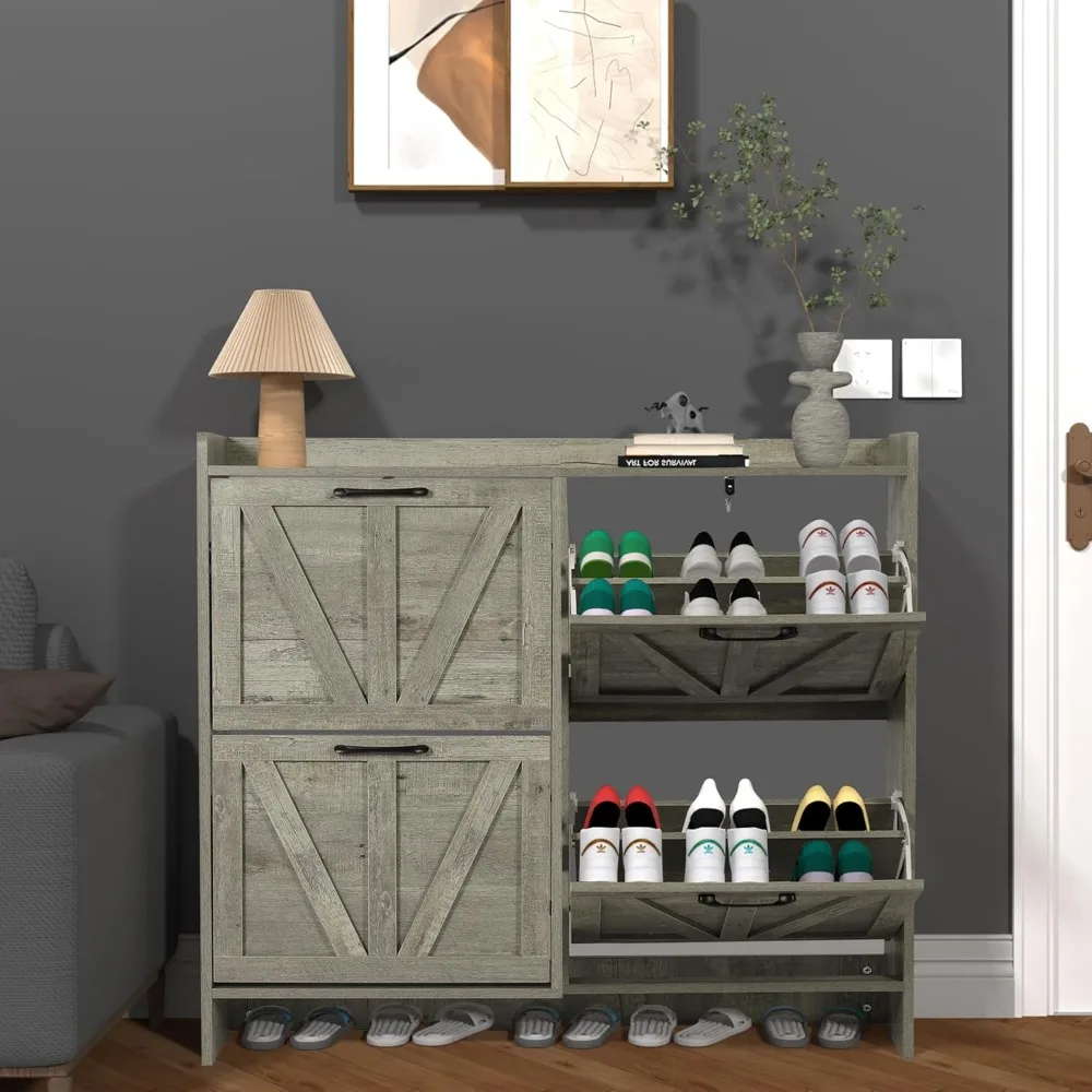 خزانة أحذية مع 4 أدراج قابلة للطي، خزانة أحذية مخفية مستقلة مع خزانة تخزين مفتوحة #2