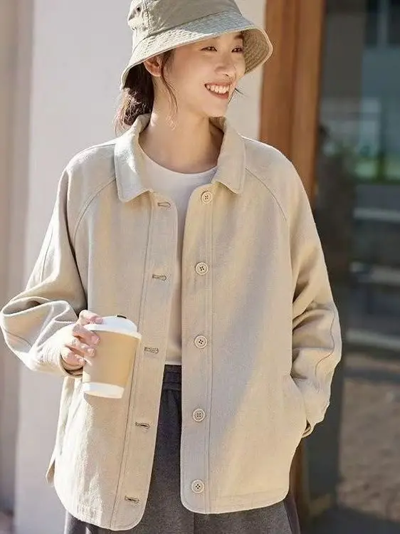 

Loose Fit Cotton Workwear Jaet Women's Spring Autumn Color Collar Open Cardigan irt Trendy plus Size Outerwear