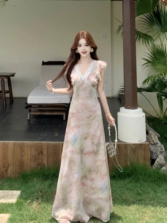 

plus Size Women's Sweet Style Pink Lace Splice V-Neck Dress Summer New Waist-Cinching A-Line Long Skirt Korean Version Slim Fit
