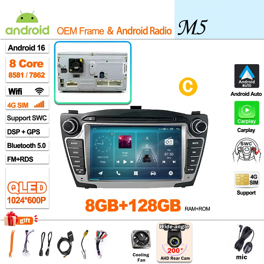 Android 16 Carplay voor Hyundai IX35 Tucson 2 LM 2009 - 2015 autoradio multimediaspeler QLED scherm GPS navigatie WiFi 5G