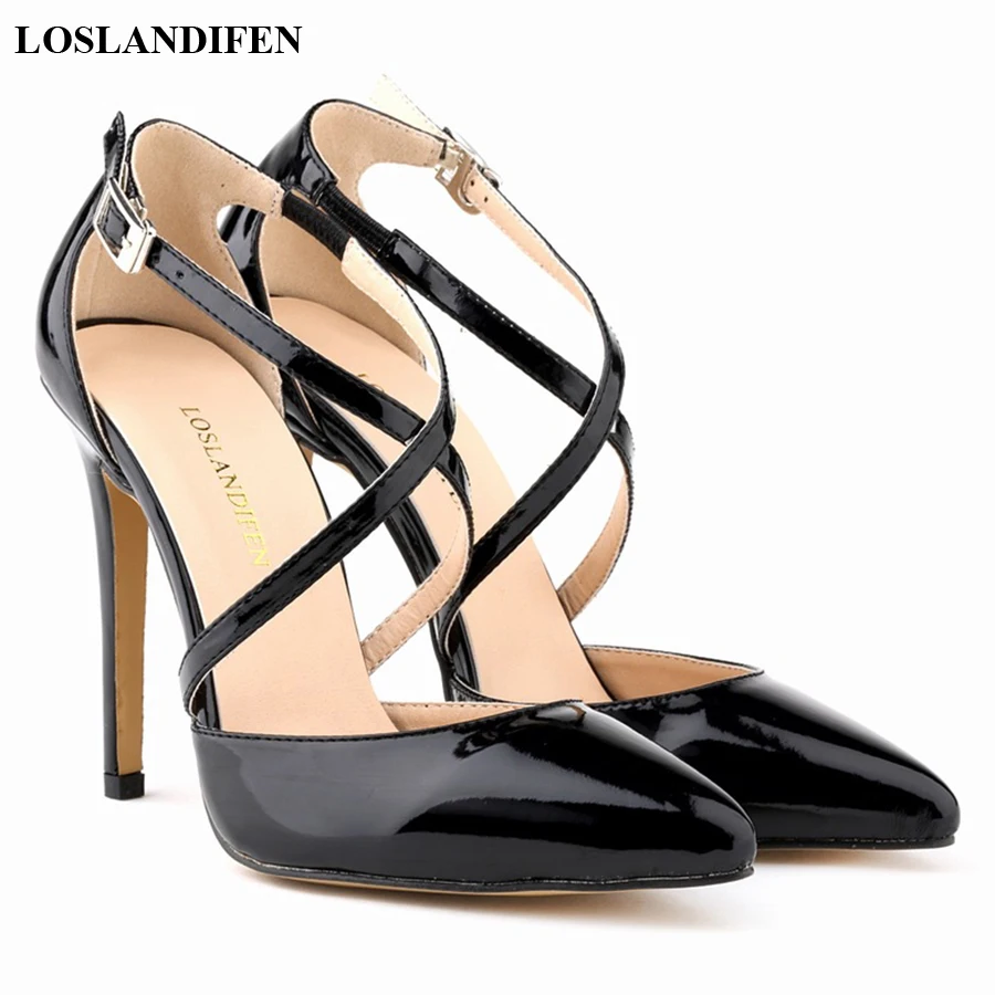 

Sexy Cross Cut-Outs Women Sandals Summer Ankle Buckle Thin High Heels Patent Leather Shoes Woman Pointed Toe Dress Wedding Pumps