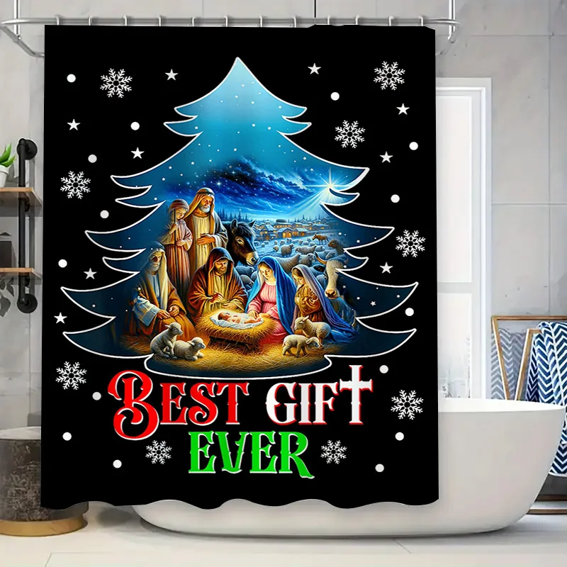 Religious Christmas Shower Curtain with Nativity Scene Under Blue Tree, Best Gift Ever Text for Meaningful Holiday Decor