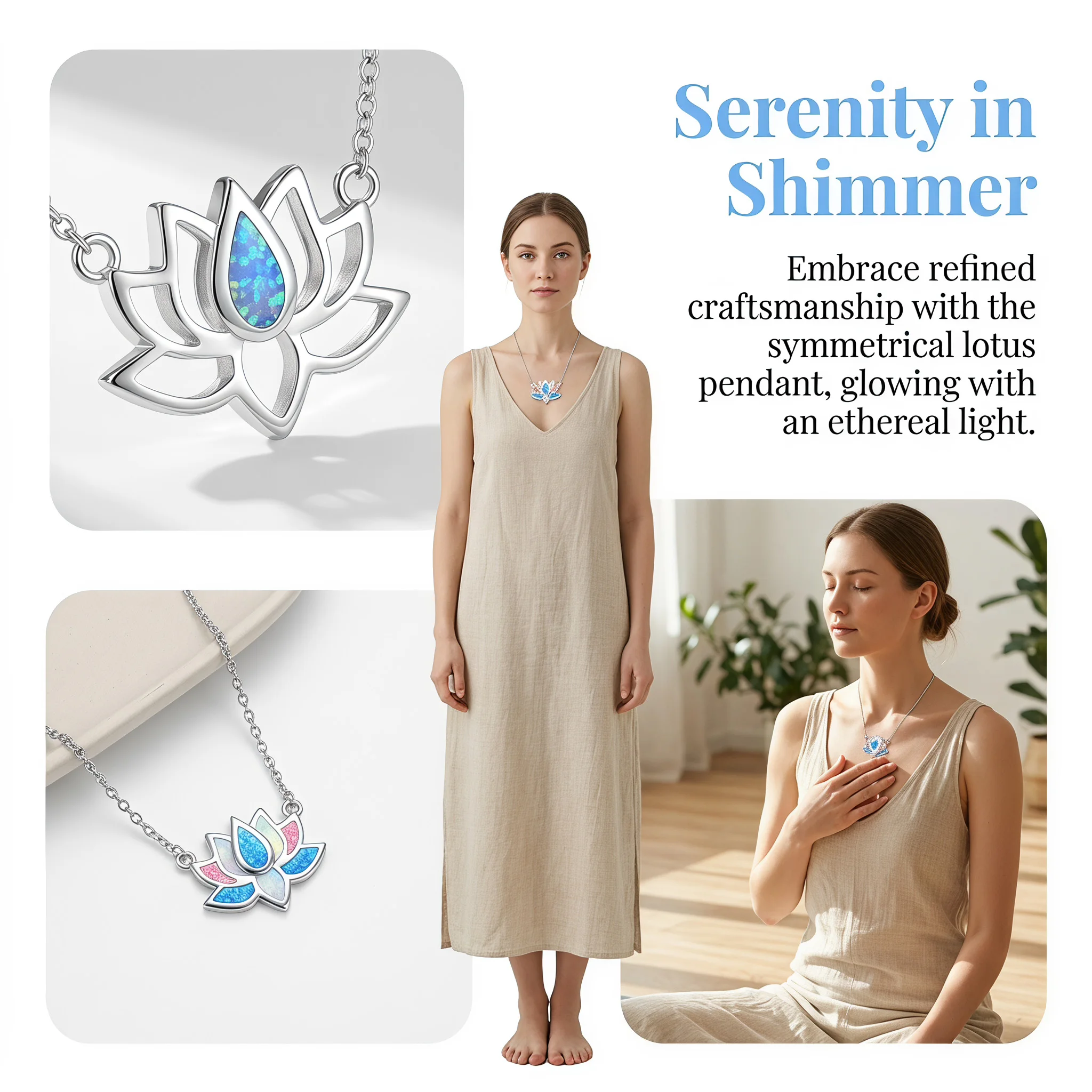 Zierliche Halskette mit Lotusblüten-Anhänger, Liebesherz-Design mit weißem Opal und silberfarbener Kette, Valentinstags-Geburtstagsgeschenk für Frauen – Detail 3