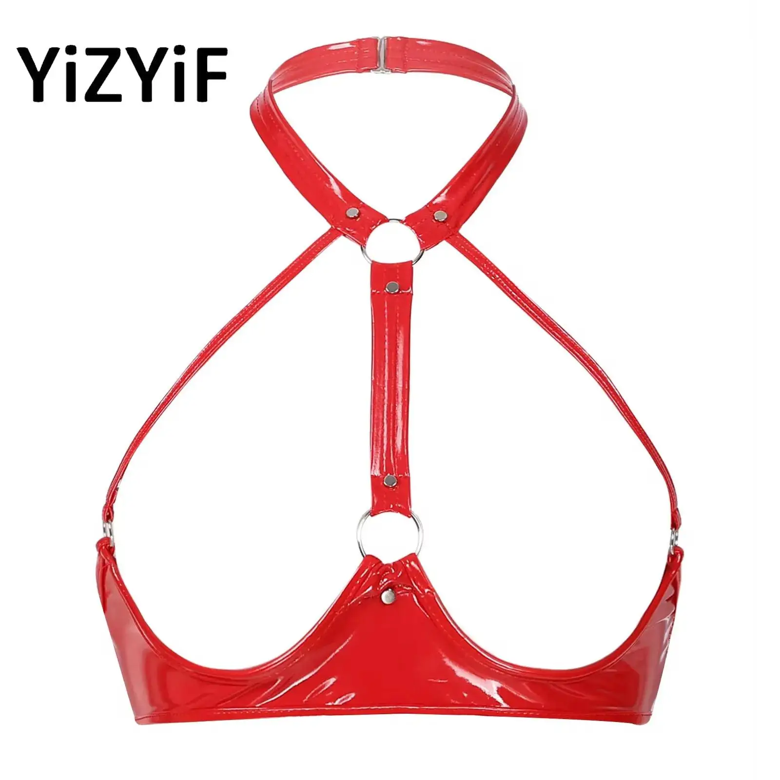 

Womens Latex Glossy Strap Hanging Neck Bra Exposed Chest Lingerie Sexy Wet Look Patent Leather Open Cups Bralette Clubwear