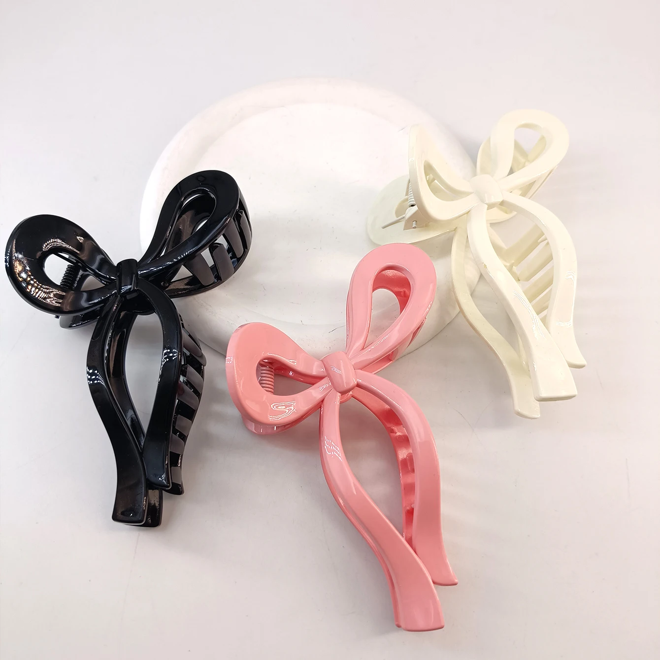 3PCS 5.2inch Simple Hollow Streamer Bow Ties Oil Dripping Plastic Hair Claw Clip Hairpin Hair Accessories for Women