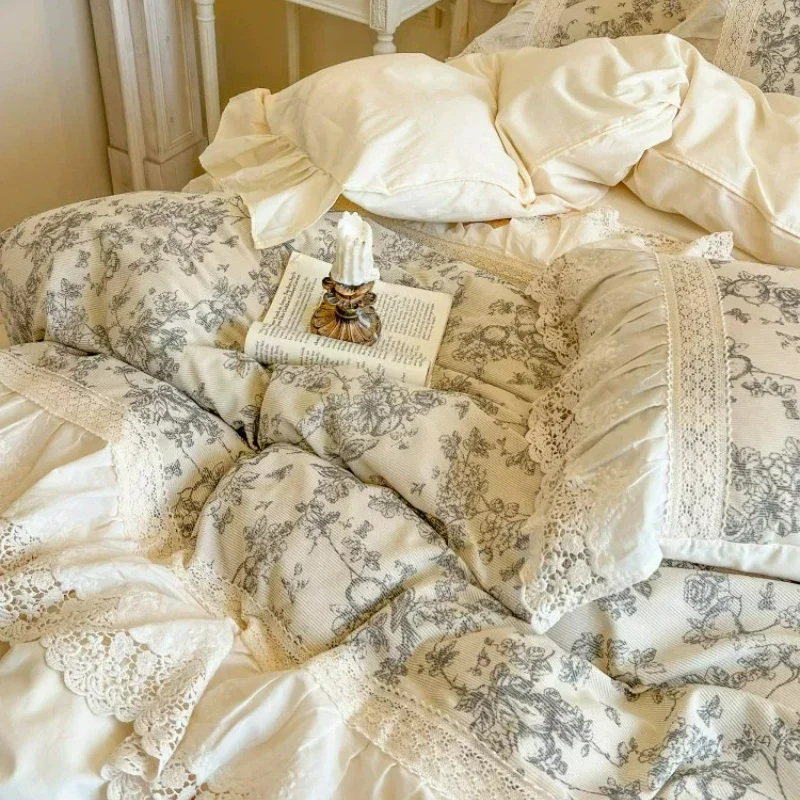 French Style Bedroom Vintage Princess Style All Cotton Four Piece Bed Set Floral Lace Duvet Cover Pure Cotton Bed Skirt Style 4