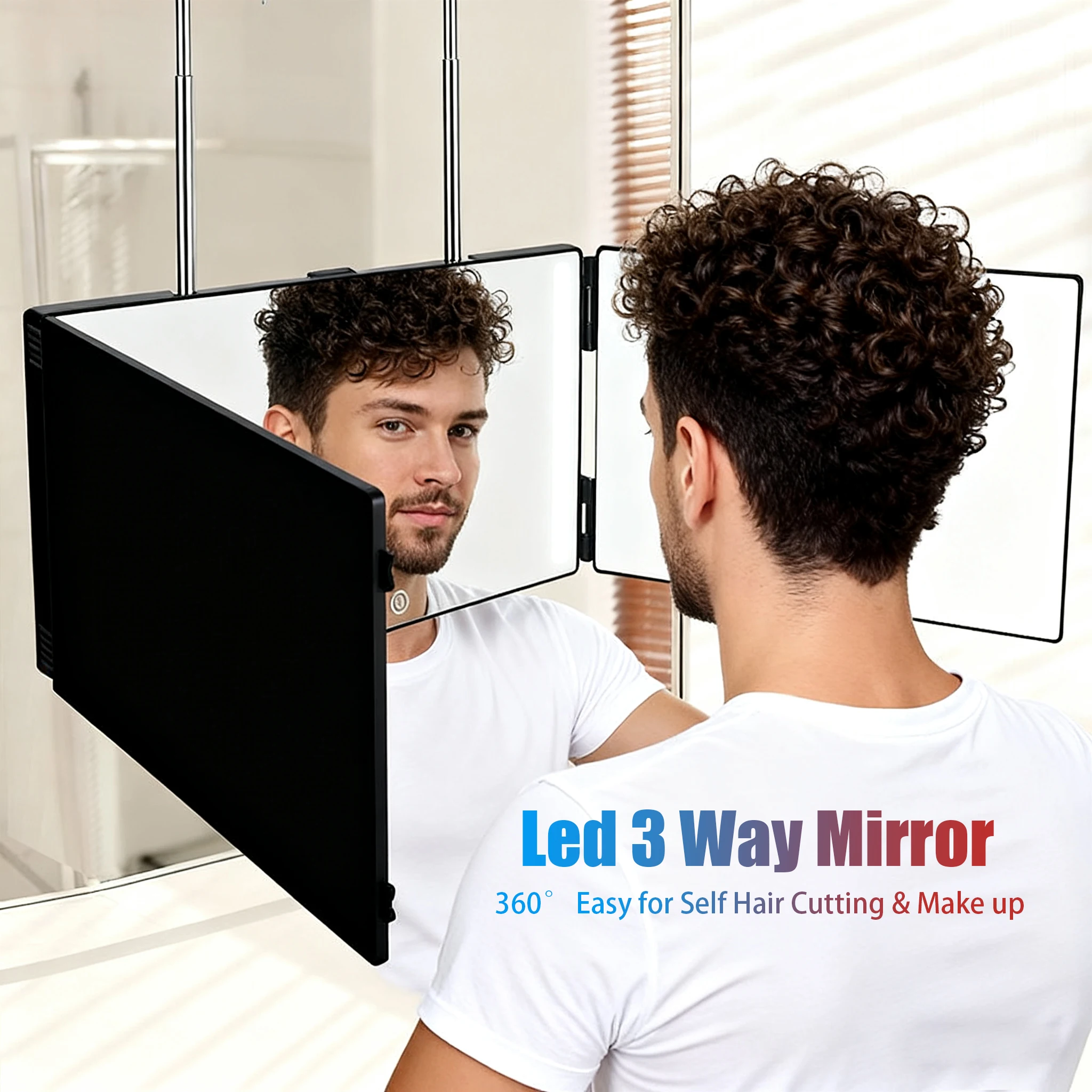 مرآة قص الشعر الذاتية ثلاثية الاتجاهات قابلة لإعادة الشحن - أضواء LED، ارتفاع قابل للتعديل، 360 درجة °   تصميم قابل للطي لرؤية تصفيف الرأس الخلفي الشفاف