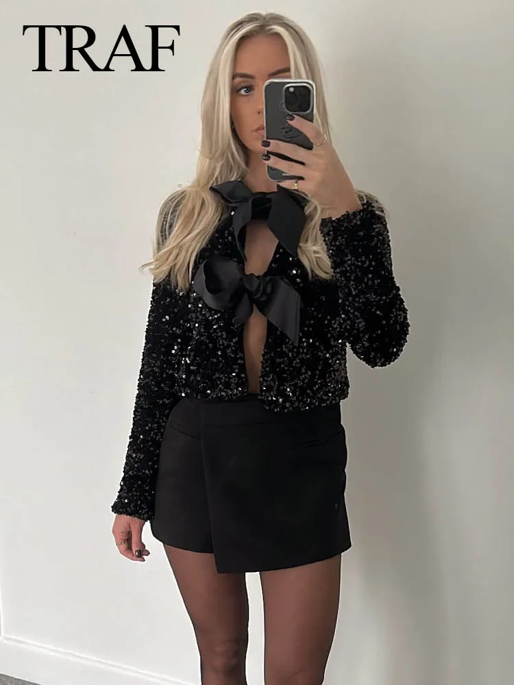 TRAF 2024 Spring Fashion Women Blouse Cut Out Bow Sequined High Street Blouses Sexy Crop Shirts Luxury Female Shiny Elegant Tops