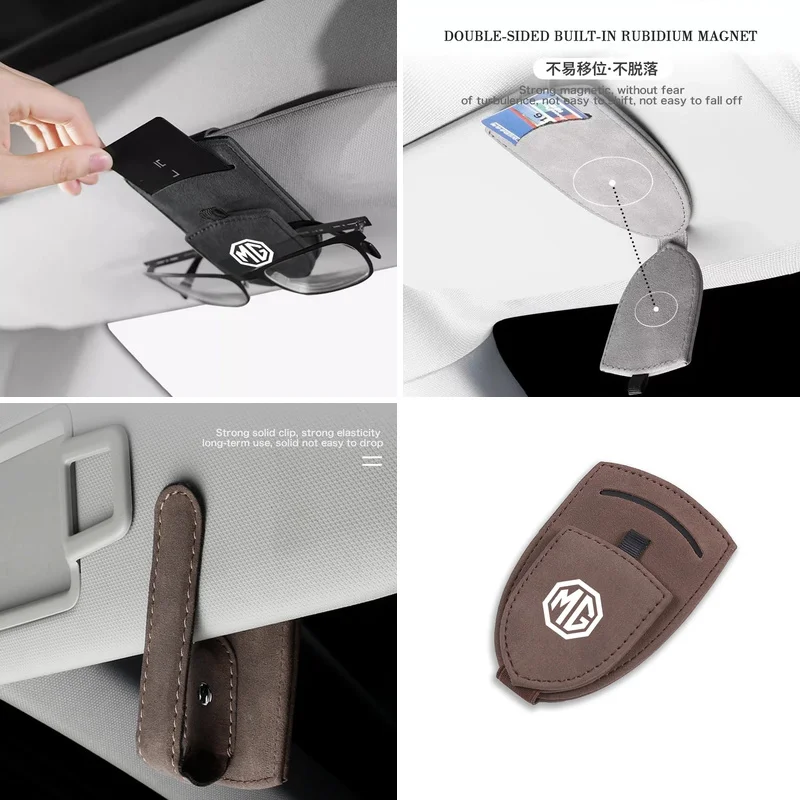 Hold Glasses Securely Leather Auto Sun Visor Glasses Holder Magnetic Card Storage Clip Compatible with MG HS MG4 EV ZS ES5 MG6