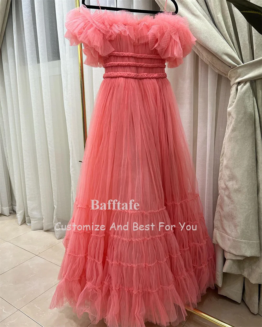 Bafftafe Pink Tulle A Line Ruffles Prom Party Gowns Pleated Long Formal Celebrity Dresses Women Special Customized Evening Gowns