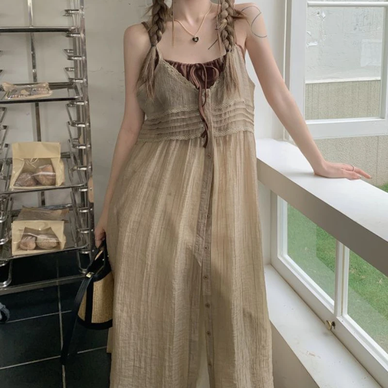 HOUZHOU Vintage Streetwear Transparent Dresses Women Korean Long Sleeveless Dress Lace Casual Midi Dress Chic Fairycore Summer