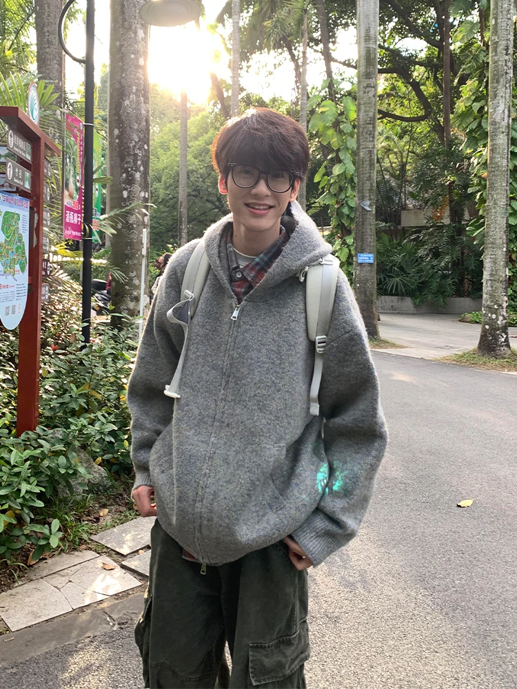 

Мужской кардиган-худи на молнии в американском ретро-стиле, модный, премиум-класса, CleanFit, из смесового трикотажа, повседневный, свободного кроя, полиэстер